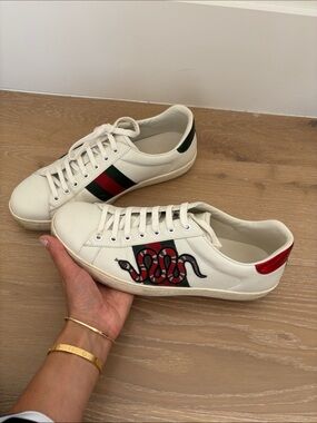 Gucci White Leather Sneakers with Red & Green Stripes and Snake Embroidery